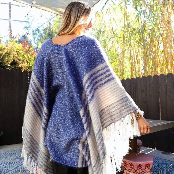 Blue Faux Mohair Striped Knit Border Tassel Trim Bohemian Winter Ruana Wrap - Picture 3 of 3